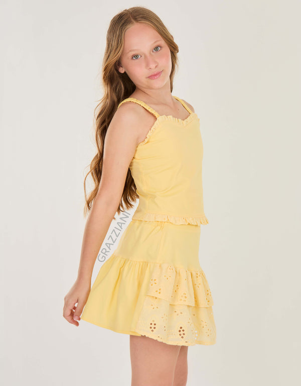 CONJUNTO BLUSA Y FALDA OJALILLO AMARILLO