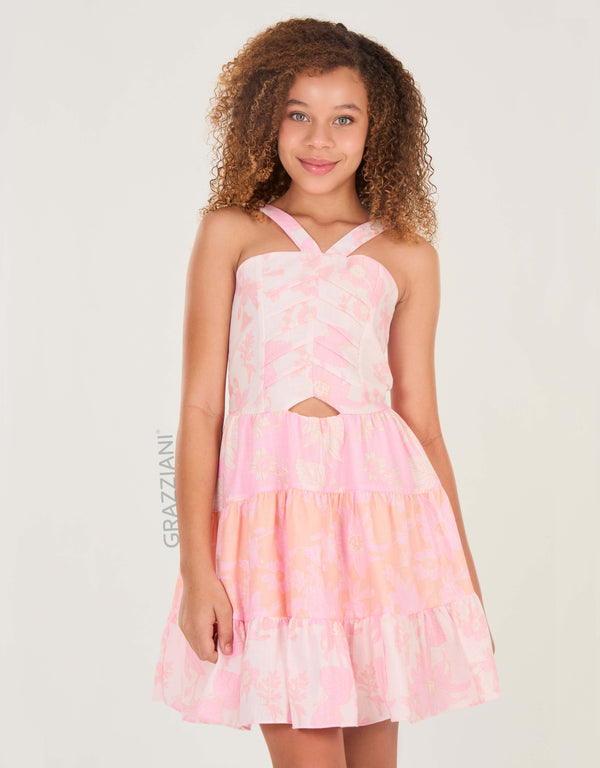 VESTIDO ALGODÓN ESTAMPADO COMBINADO ROSADO