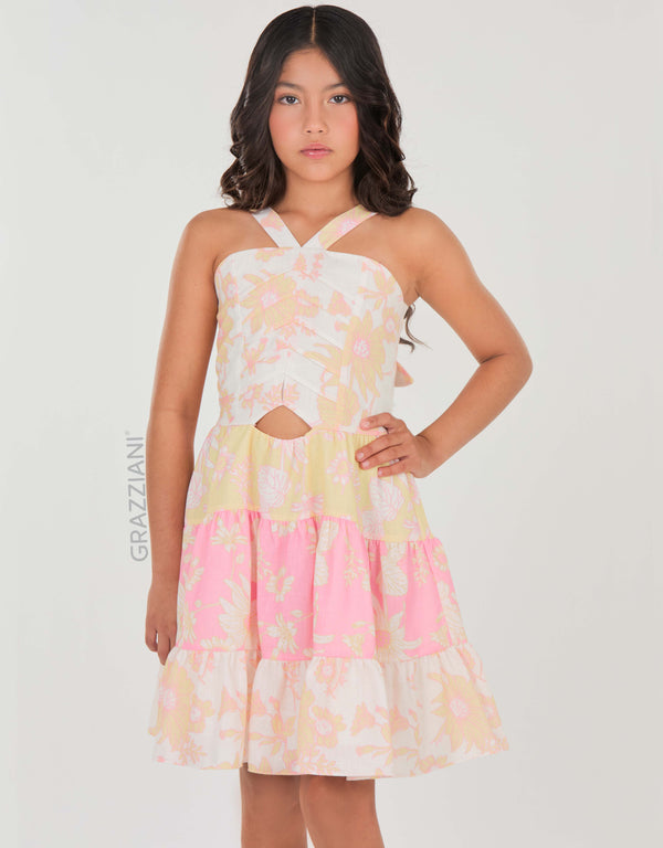 VESTIDO ALGODÓN ESTAMPADO COMBINADO AMARILLO